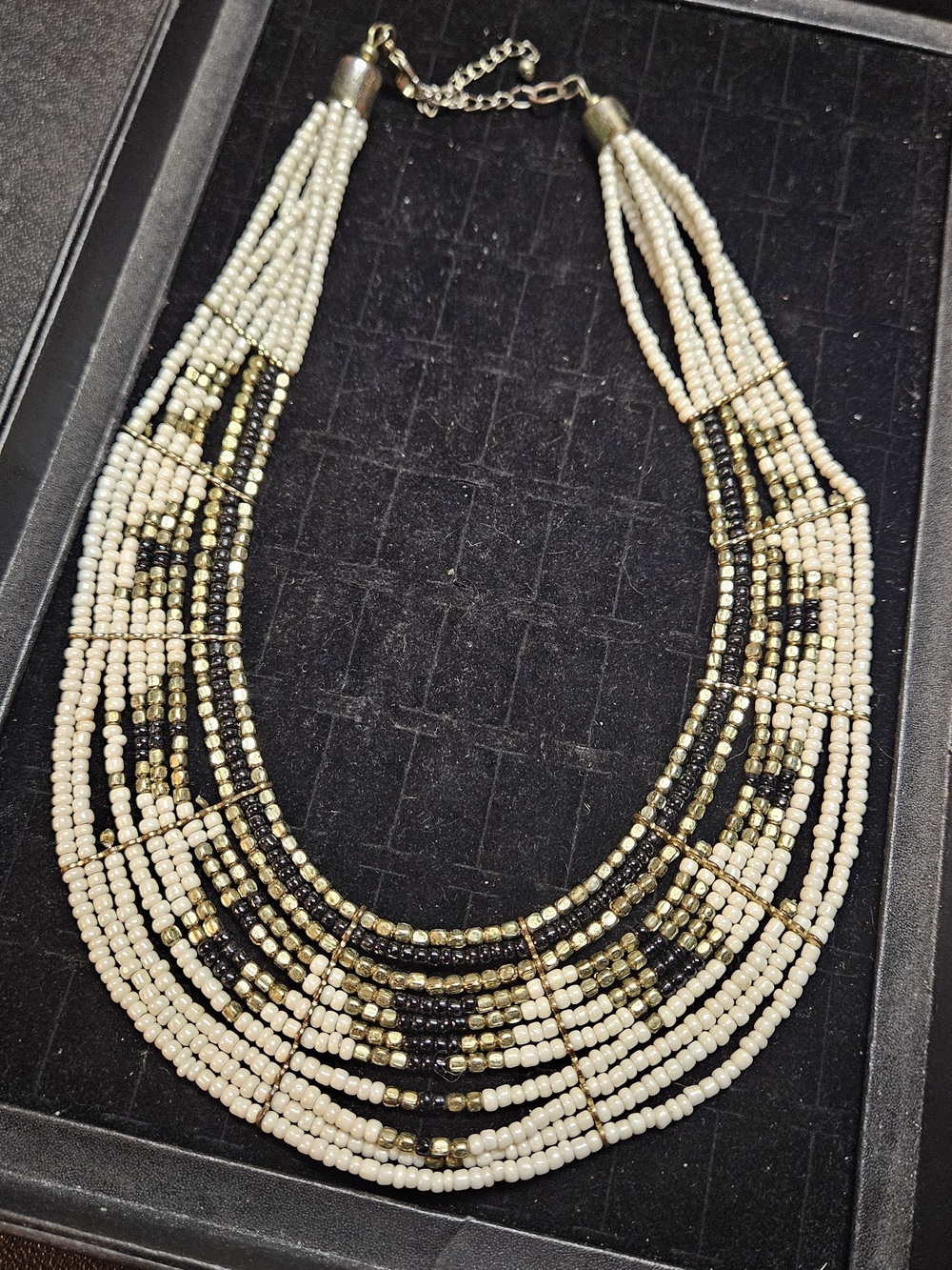 Beaded Multi-Strand Statement Necklace - Gold, Black & Cream